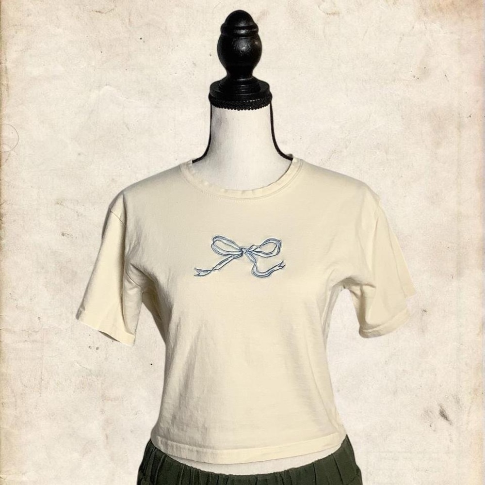Cream Baby Tee With Blue Embroidered Bow